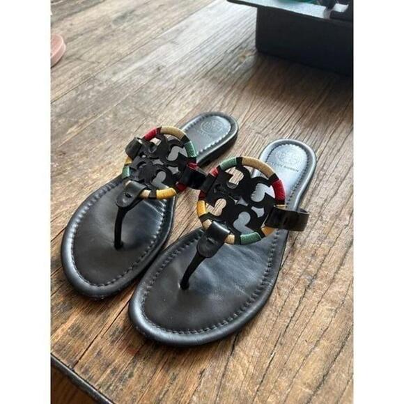 Tory Burch Miller Women's Flat Thong Embroidered Sandals - Black, US 8 - Picture 1 of 4